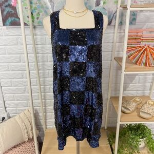 Alice & Olivia Blue Black Checkered Sequin Dress (M)